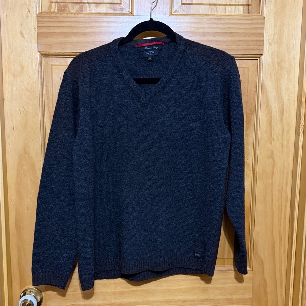 Guess Dark Gray & Brown V-Neck Wool Blend Medium Sweater, Made in Italy.